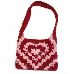 Handmade Crochet Heart Burst Purse Mini Bag Red & Pink